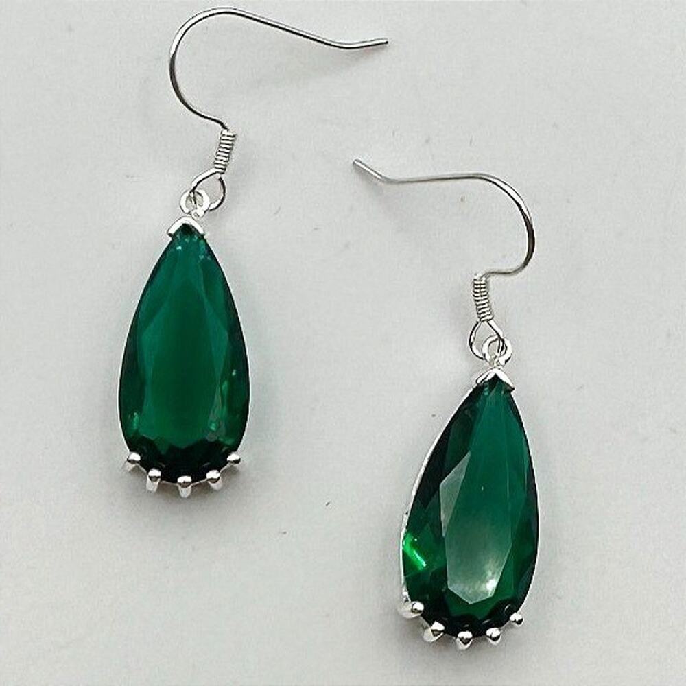 Vintage 80s Silver Tone Emerald Green Teardrop Dangle Earrings Women's Jewelry
